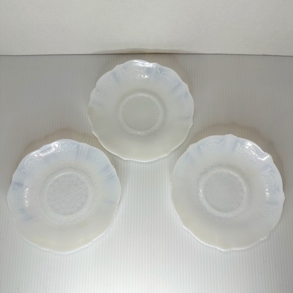 3 Elegant American Sweetheart Monax White Opalescent Glass 6" Tea Cup Saucers - Picture 1 of 16